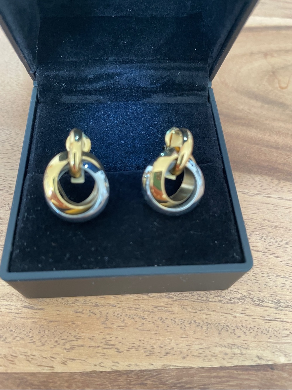 NWOT. Two-Tone Gold and Silver Hoop Drop Earrings